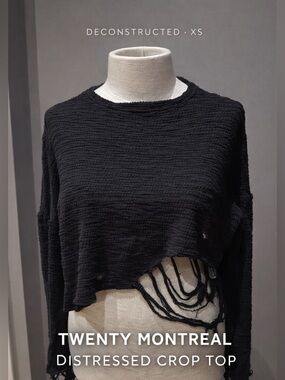 Twenty Montreal Distressed Crop Top XS Black Deconstructed Grunge Asymmetrical